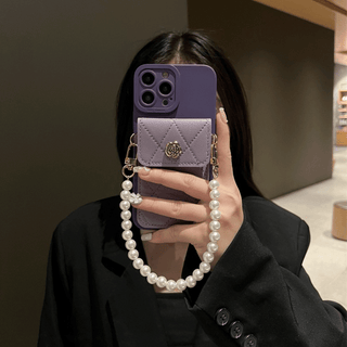 Purple Leather Phone Case With Card Holder and Strap