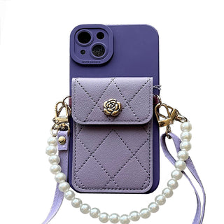 Purple Leather Phone Case With Card Holder and Strap