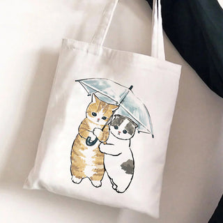 Cat Reusable Cotton Canvas Shopping Bag Cartoon Shoulder Handbag with zipper