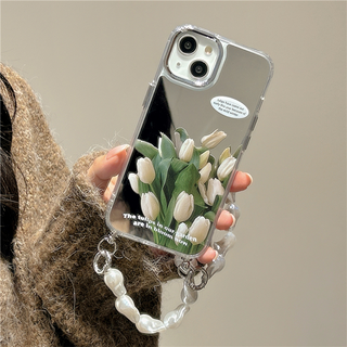 White Tulip Mirror Phone Case With Baroque Pearl Chain