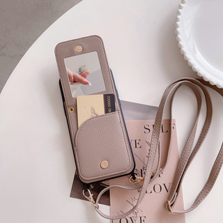 Simple Leather Wallet Phone Case With Phone Holder, Strap And Mirror