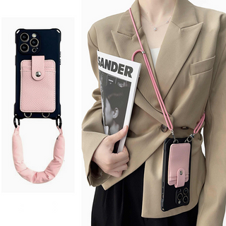 Simple Pink And Black Wallet Phone Case With Chain & Strap