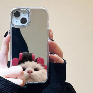 Cute Curling Hair Cat Mirror Silicone Phone Case