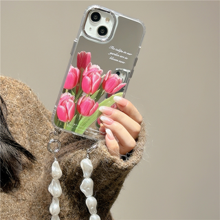 Pink Tulip Mirror Phone Case With Baroque Pearl Chain