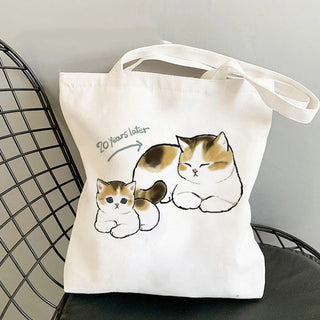 Cat Reusable Cotton Canvas Shopping Bag Cartoon Shoulder Handbag with zipper