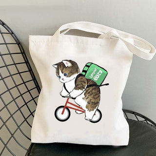 Cat Reusable Cotton Canvas Shopping Bag Cartoon Shoulder Handbag with zipper