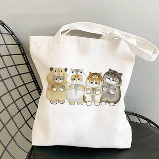 Cat Reusable Cotton Canvas Shopping Bag Cartoon Shoulder Handbag with zipper