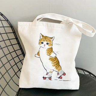 Cat Reusable Cotton Canvas Shopping Bag Cartoon Shoulder Handbag with zipper