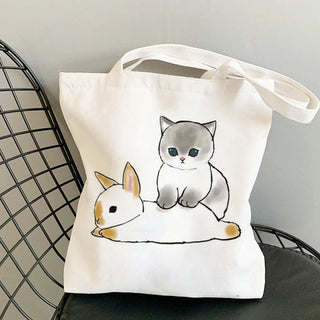 Cat Reusable Cotton Canvas Shopping Bag Cartoon Shoulder Handbag with zipper