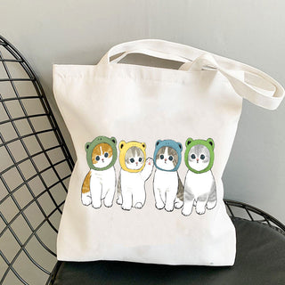 Cat Reusable Cotton Canvas Shopping Bag Cartoon Shoulder Handbag with zipper