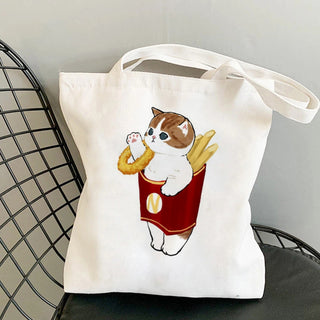 Cat Reusable Cotton Canvas Shopping Bag Cartoon Shoulder Handbag with zipper