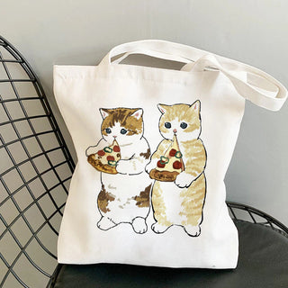 Cat Reusable Cotton Canvas Shopping Bag Cartoon Shoulder Handbag with zipper