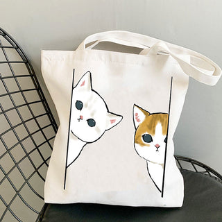 Cat Reusable Cotton Canvas Shopping Bag Cartoon Shoulder Handbag with zipper