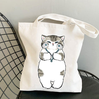 Cat Reusable Cotton Canvas Shopping Bag Cartoon Shoulder Handbag with zipper