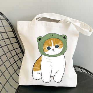 Cat Reusable Cotton Canvas Shopping Bag Cartoon Shoulder Handbag with zipper